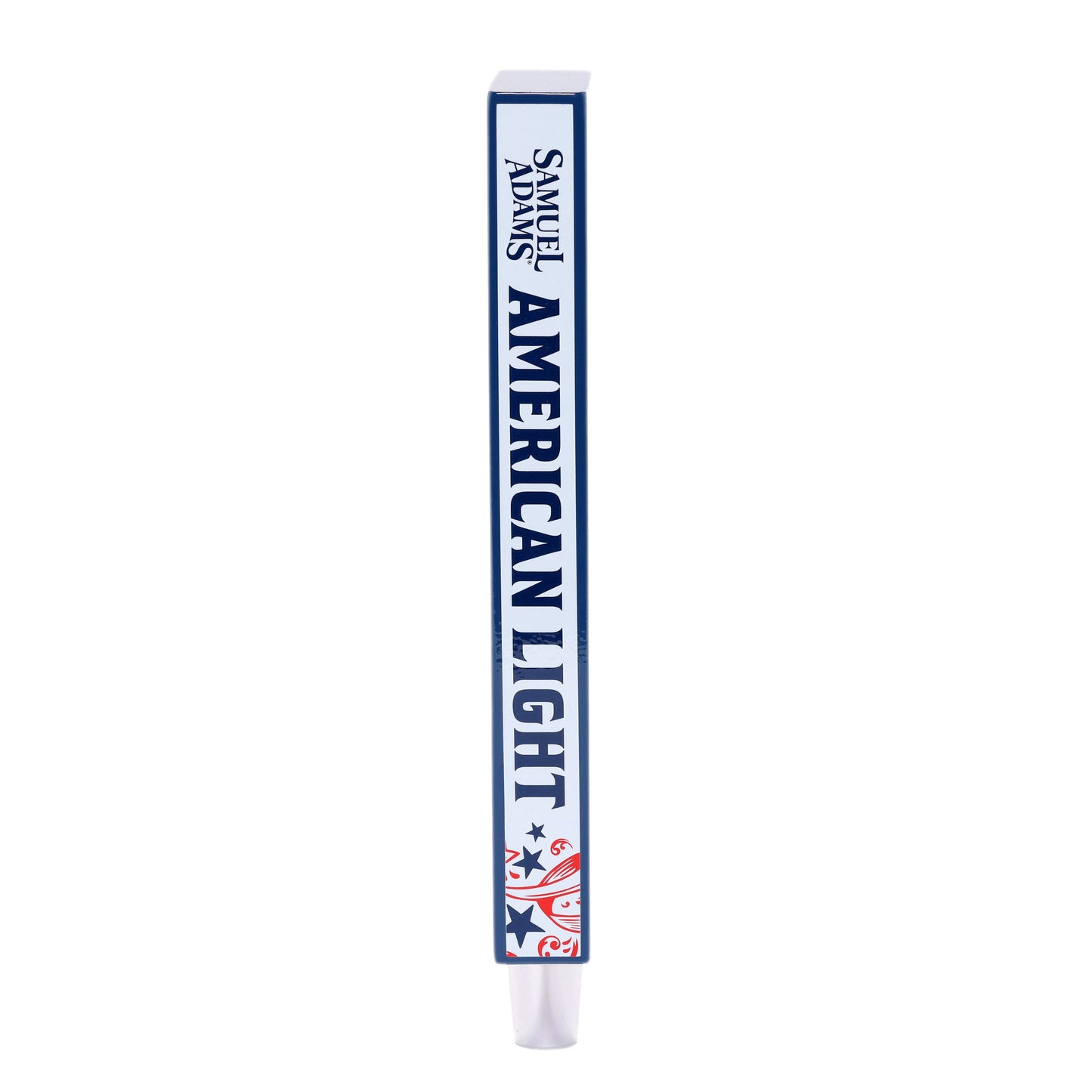 A Samuel Adams American Light tap handle with a white background, blue trim/details, and red details.
