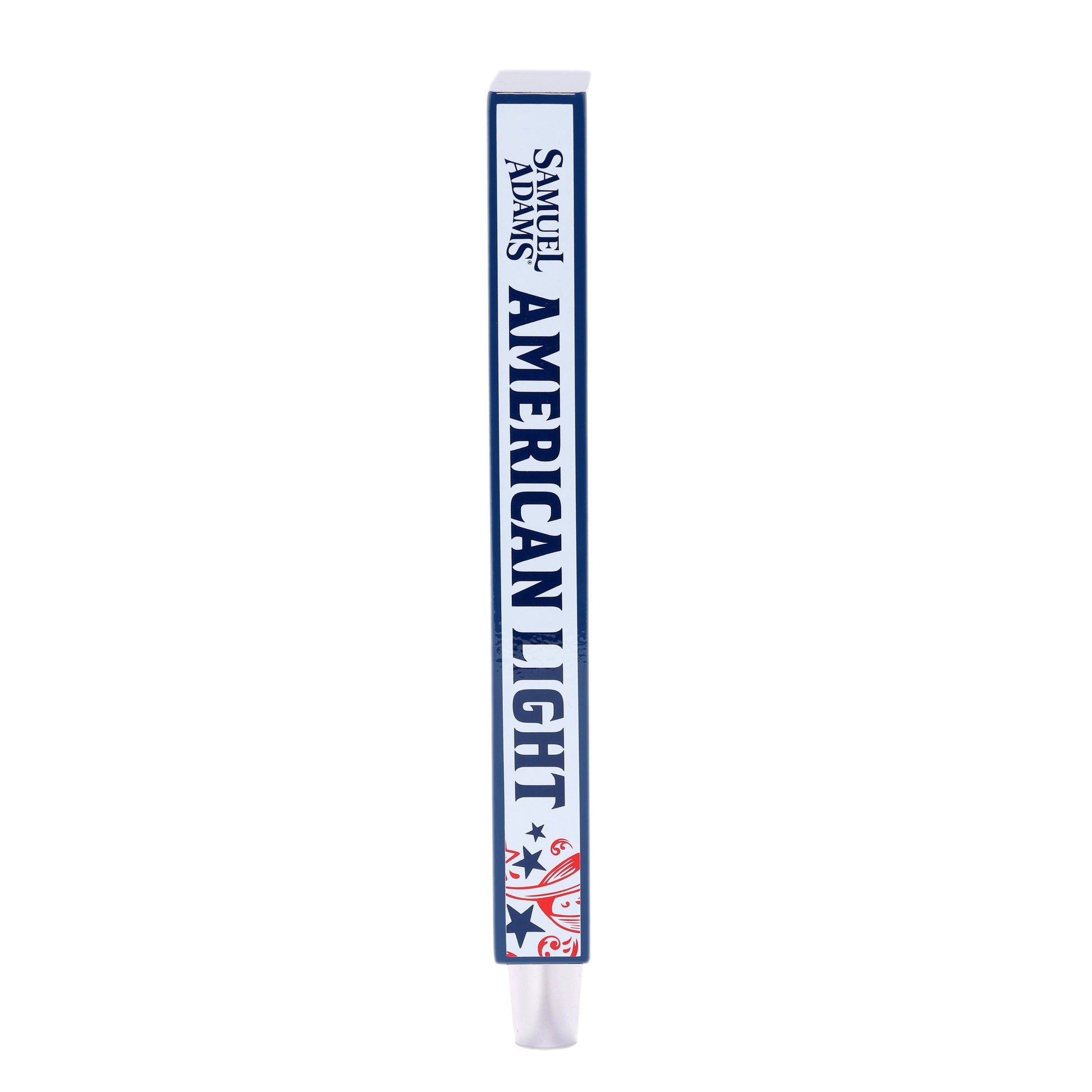A Samuel Adams American Light tap handle with a white background, blue trim/details, and red details.