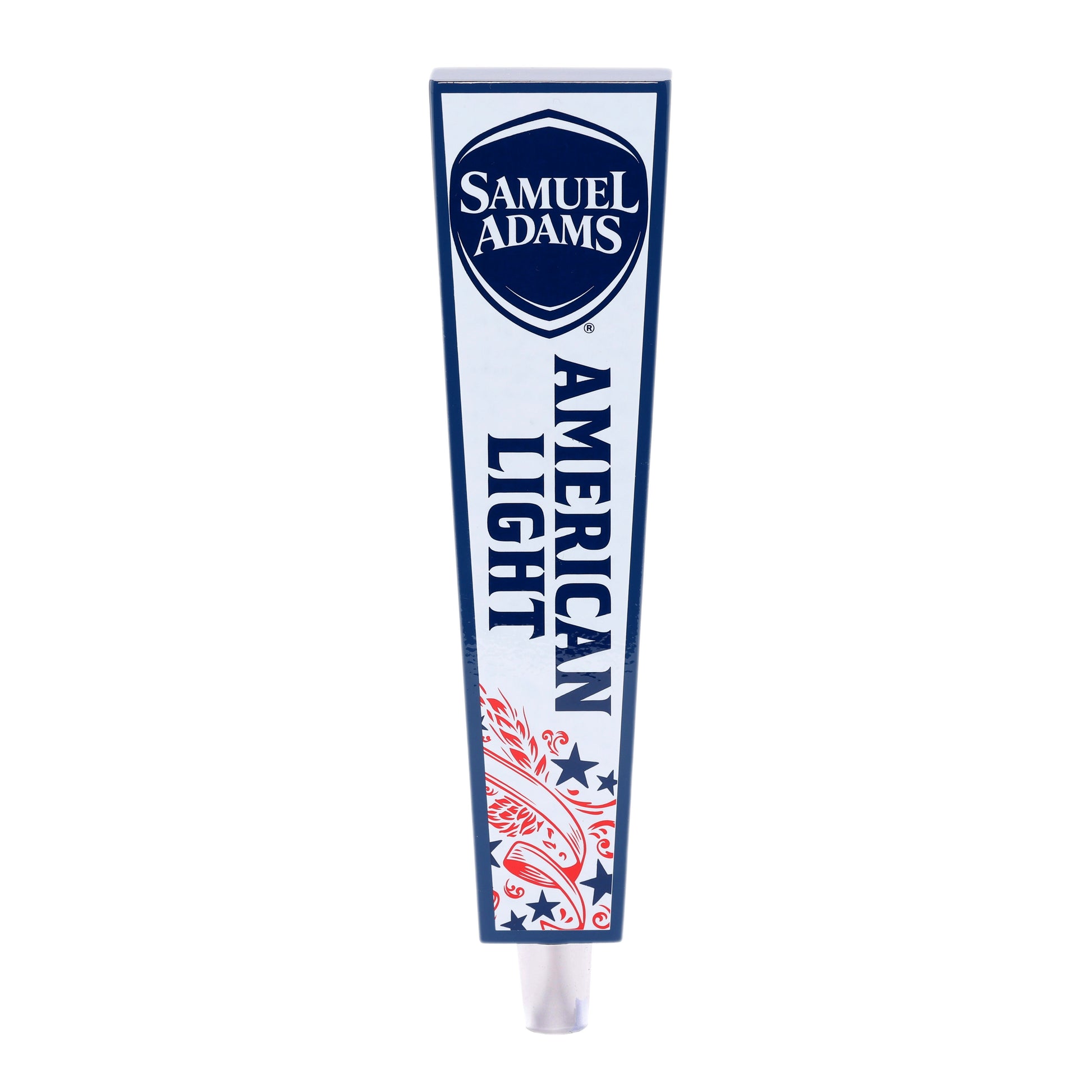 A Samuel Adams American Light tap handle with a white background, blue trim/details, and red details.