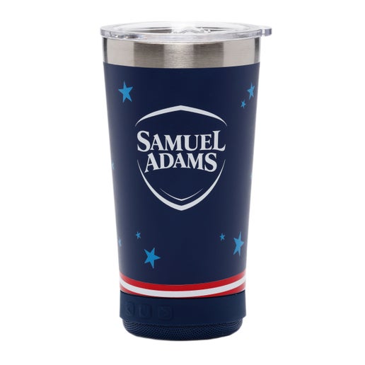 A navy Samuel Adams American Light metal tumbler with a speaker on the bottom.