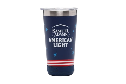 A navy Samuel Adams American Light metal tumbler with a speaker on the bottom.