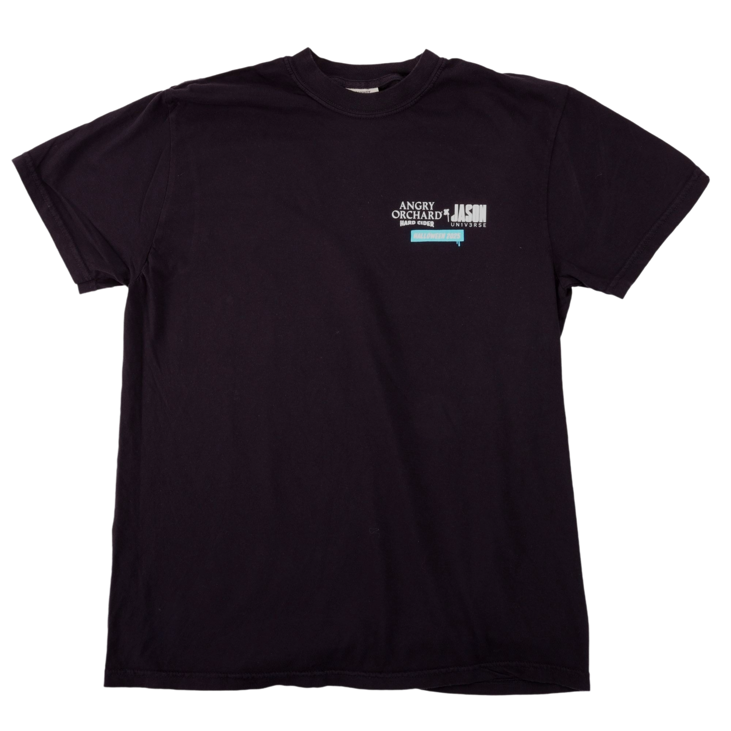 Black tee with Angry Orchard x Jason Universe Halloween 2025 text printed in the left chest pocket area.