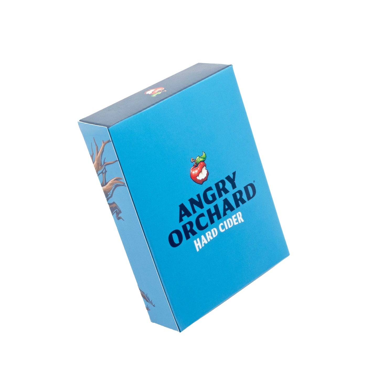 Blue box of cards with Angry Orchard hard Cider Logo