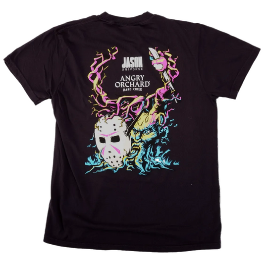 Black tee with illustration of a colorful tree that is personified like a man with a beard. The tree is holding a hockey mask up to its "face".