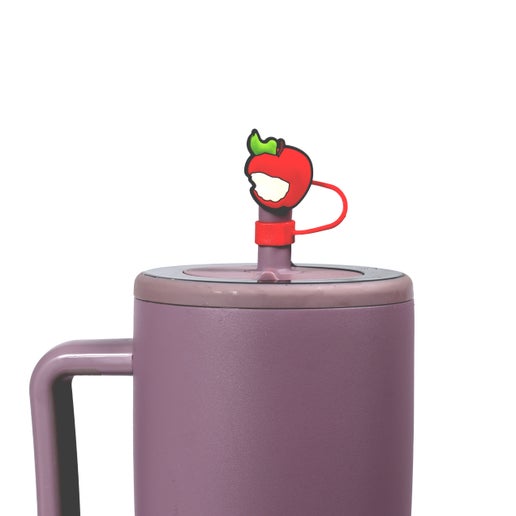 Purple water bottle with Angry Orchard Apple Silicone Straw Topper on the straw 