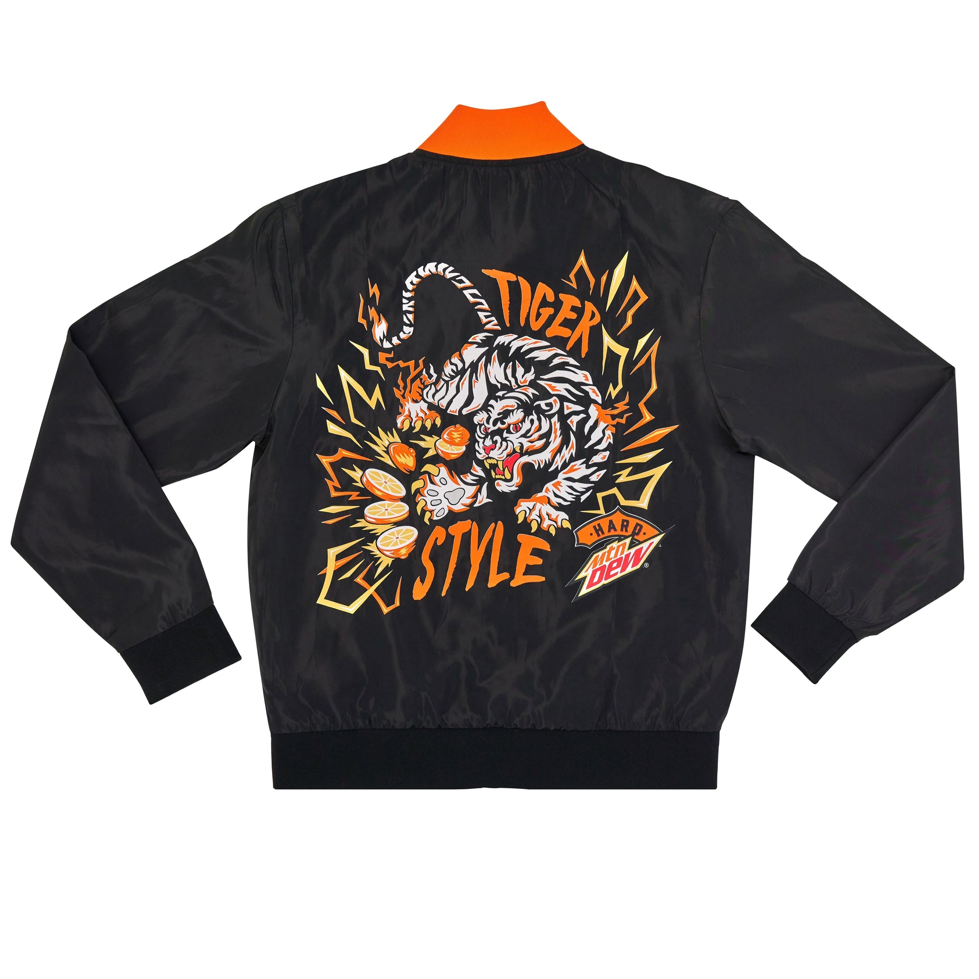 Black polyester bomber jacket with a large orange, yellow, and white tiger graphic on the back. The graphic includes a small Hard Mountain Dew LiveWire logo in the bottom corner.