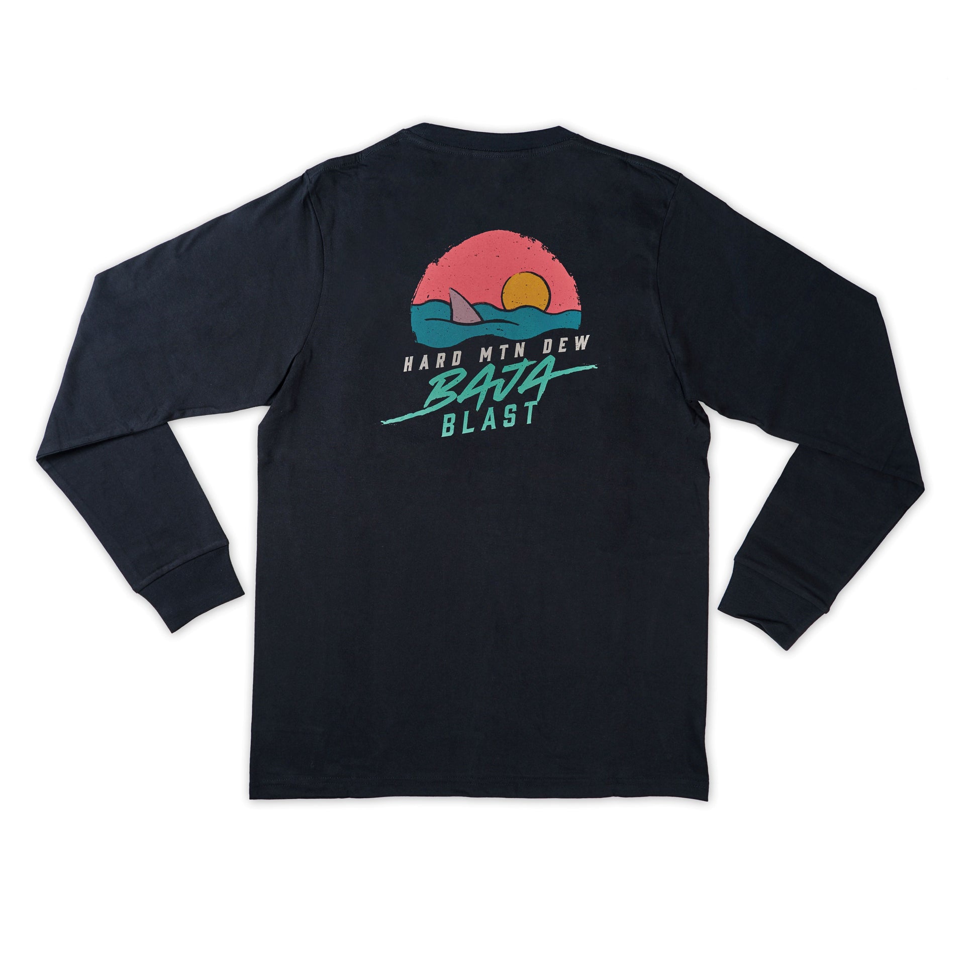 Back flat lay of the black long sleeve tee featuring a large retro 90s design. The artwork shows a shark fin emerging from teal water with a pink horizon and orange sun, all within a circular shape. Both Hard Mountain Dew and Baja Blast are written in teal blue below the illustration, maintaining the 90s aesthetic.