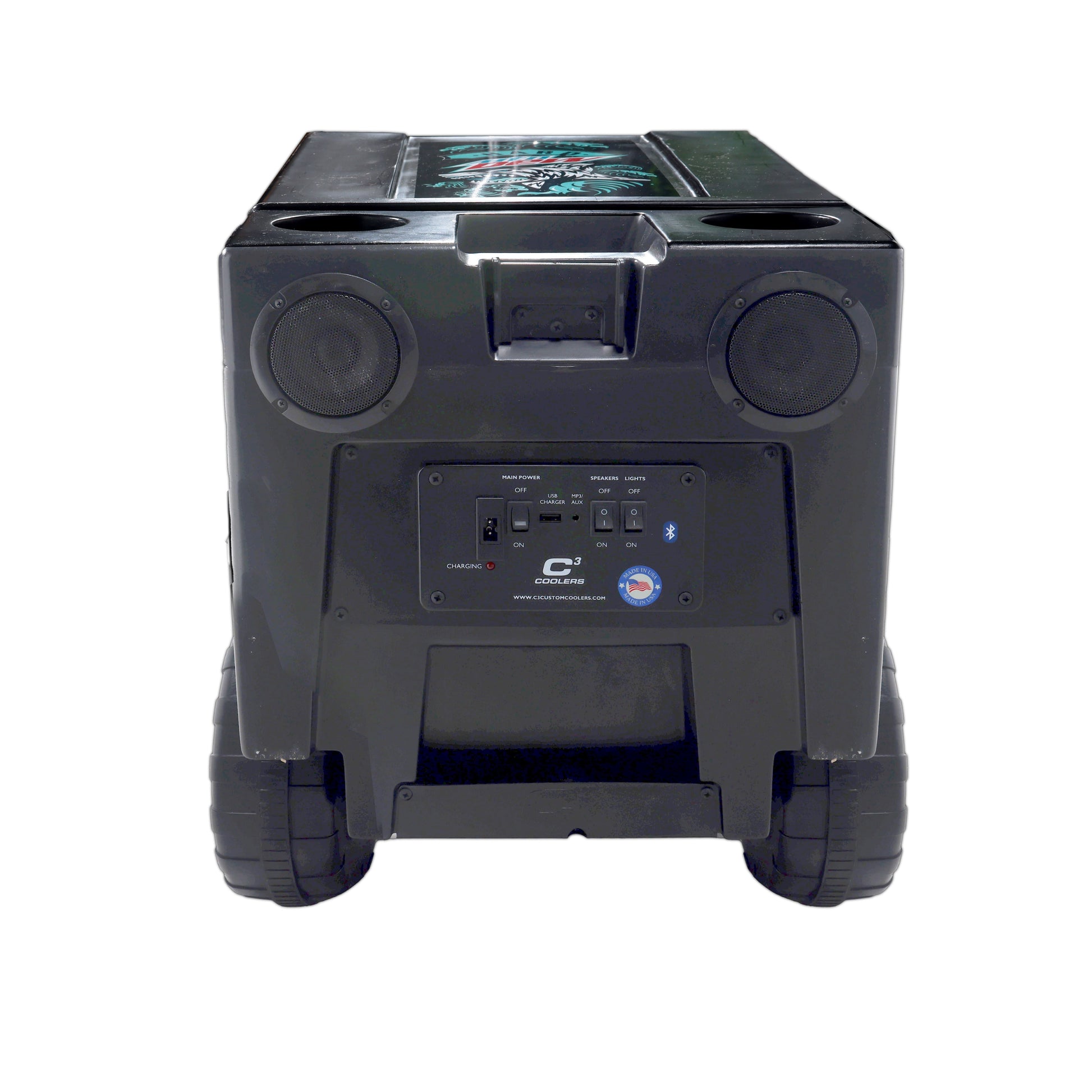 Back view of the remote control cooler, showing that it also functions as a speaker. The image includes the controls for connecting an external audio player.
