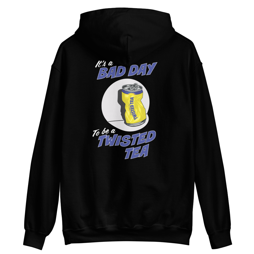 Black hoodie with Twisted Tea graphic and text on a white background