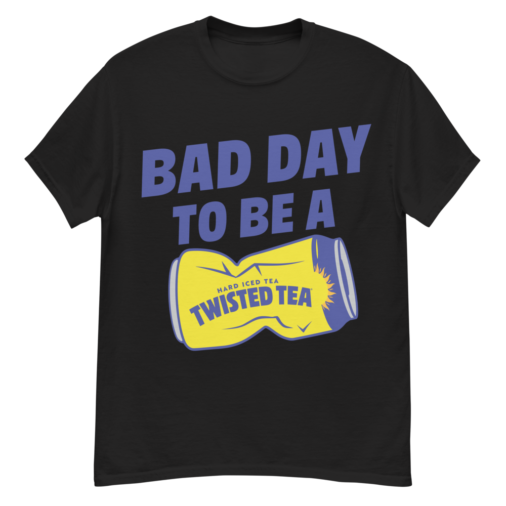 Black shirt with "Bad Day to be a" in blue text and a graphic of a crushed hard iced tea twisted tea can