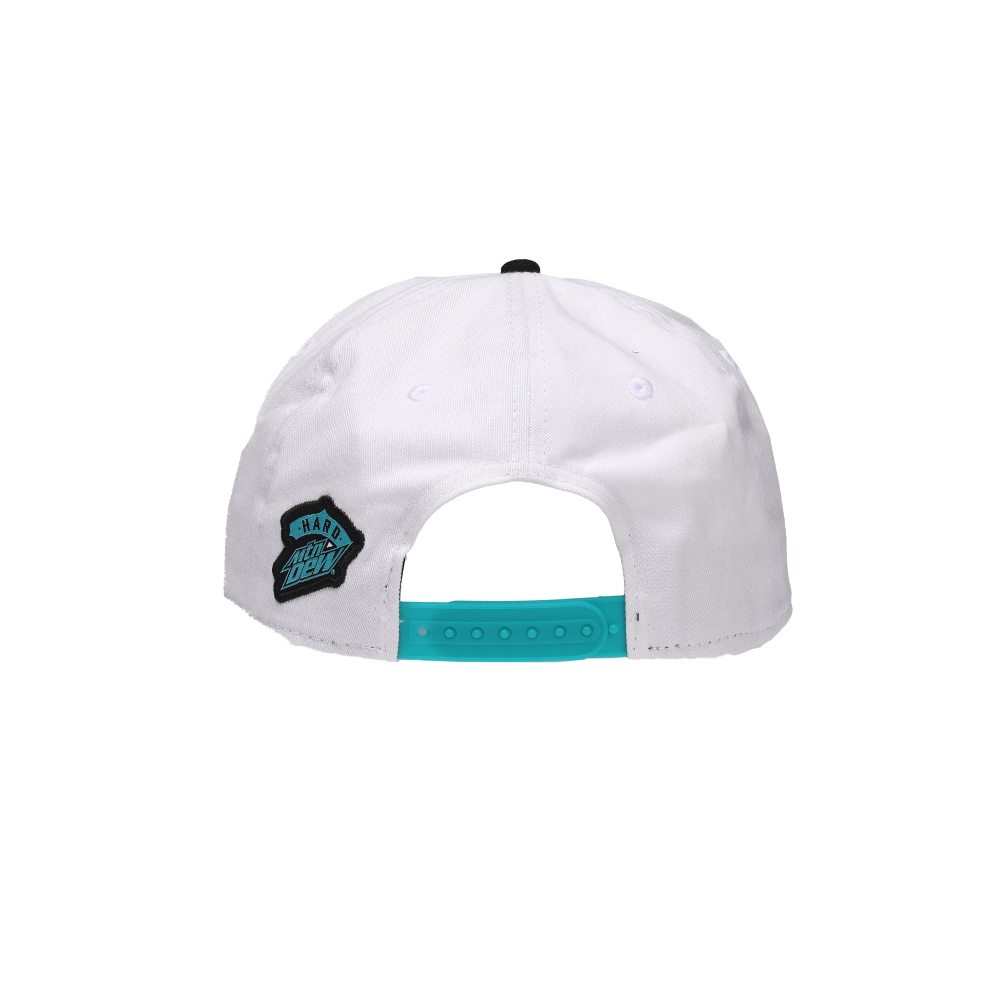 Back view of hat featuring Hard Mountain dew logo in teal and teal snapback closure.
