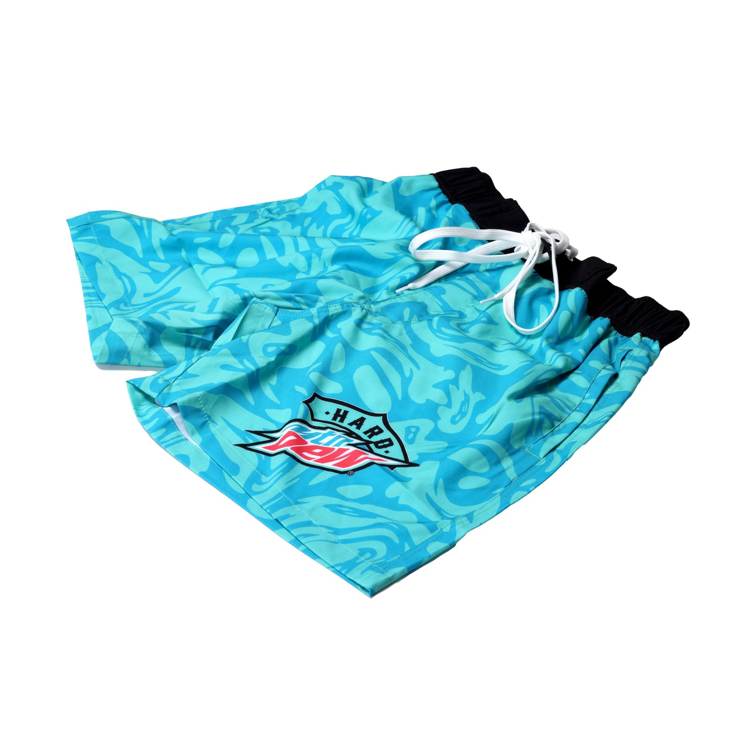 Front flat view of swim trunks featuring a tonal teal and light blue water pattern. The trunks have a contrasting black waistband and white drawstring, with the Hard Mountain Dew Baja Blast logo visible on the leg.