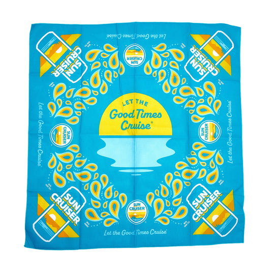 Sun Cruiser paisley bandana in teal, orange, and yellow. Stylized with Sun Cruiser logos, cans, and cursive text that reads "Let the Good Times Cruiser"