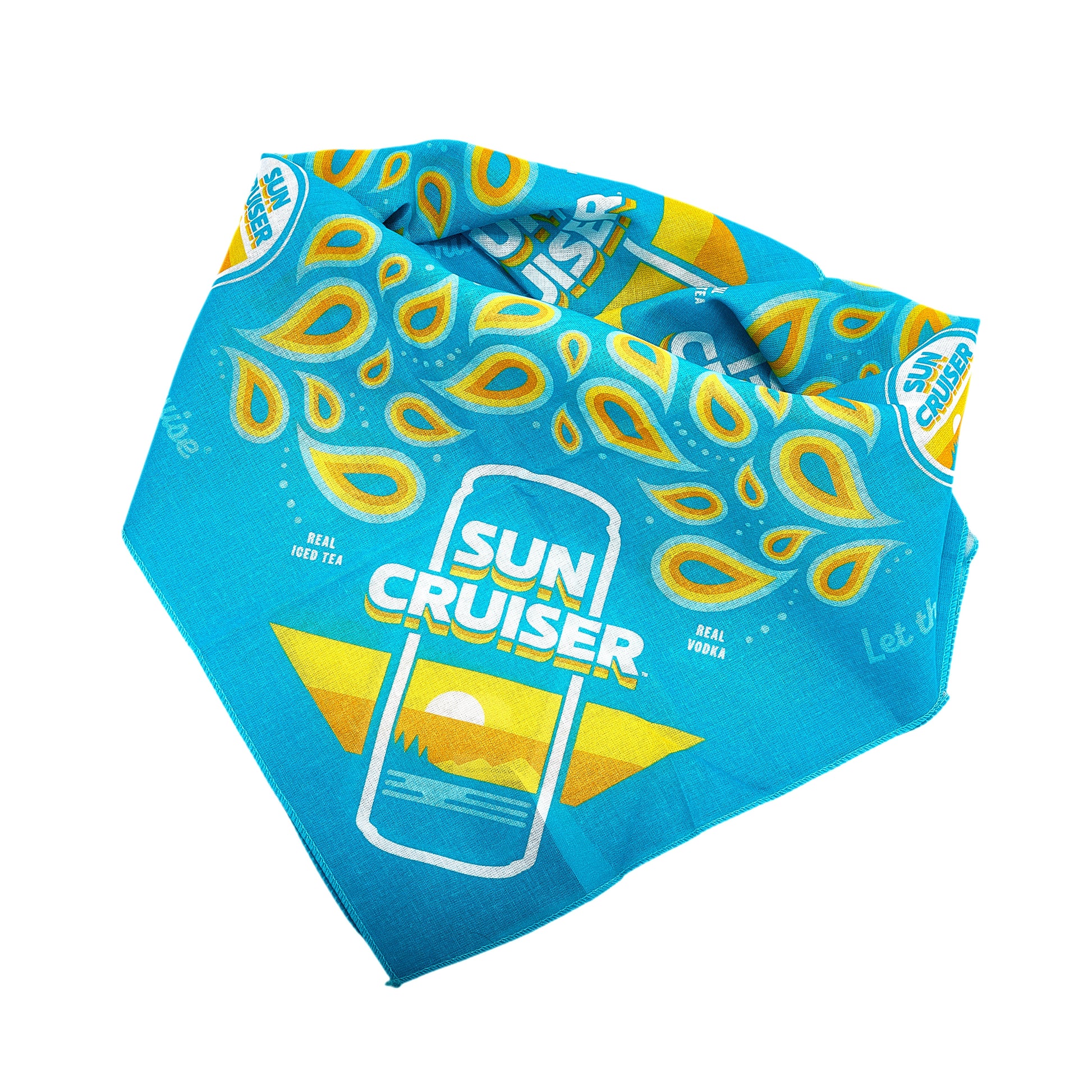Sun Cruiser paisley bandana in teal, orange, and yellow. Stylized with Sun Cruiser logos, cans, and cursive text that reads "Let the Good Times Cruiser"