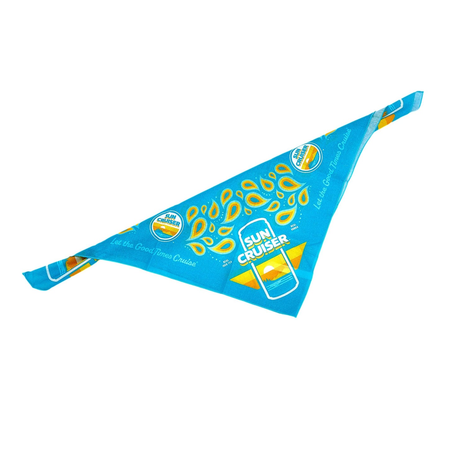 Sun Cruiser paisley bandana in teal, orange, and yellow. Stylized with Sun Cruiser logos, cans, and cursive text that reads "Let the Good Times Cruiser"
