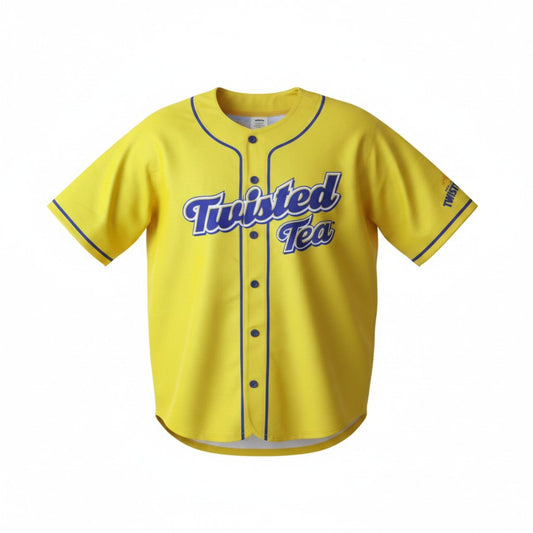 Twisted Tea branded baseball jersey in bright yellow with blue trim, short sleeve button-up fan apparel, with a twisted tea logo on the left arm