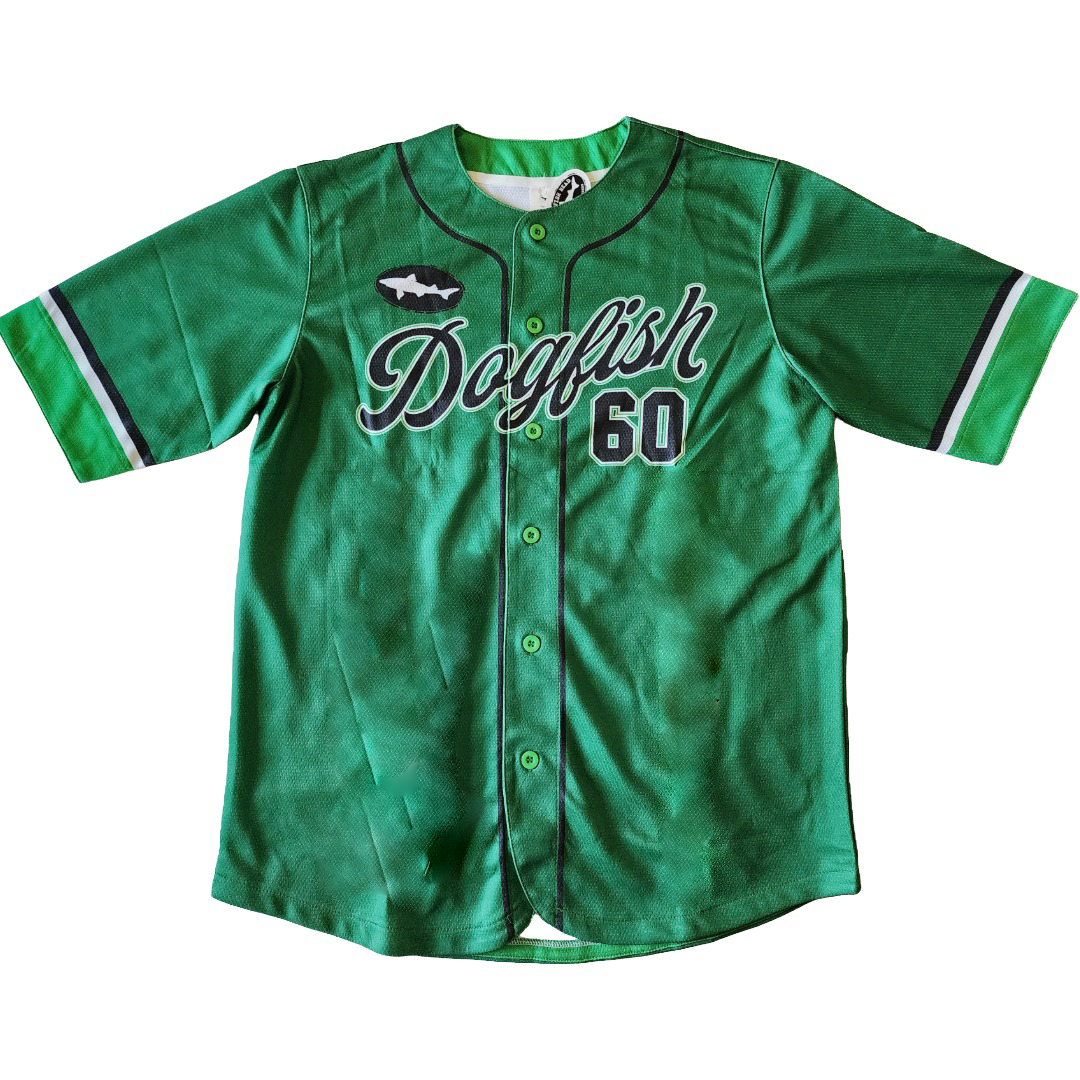 Green baseball jersey with 'Dogfish' and number '60' on a white background