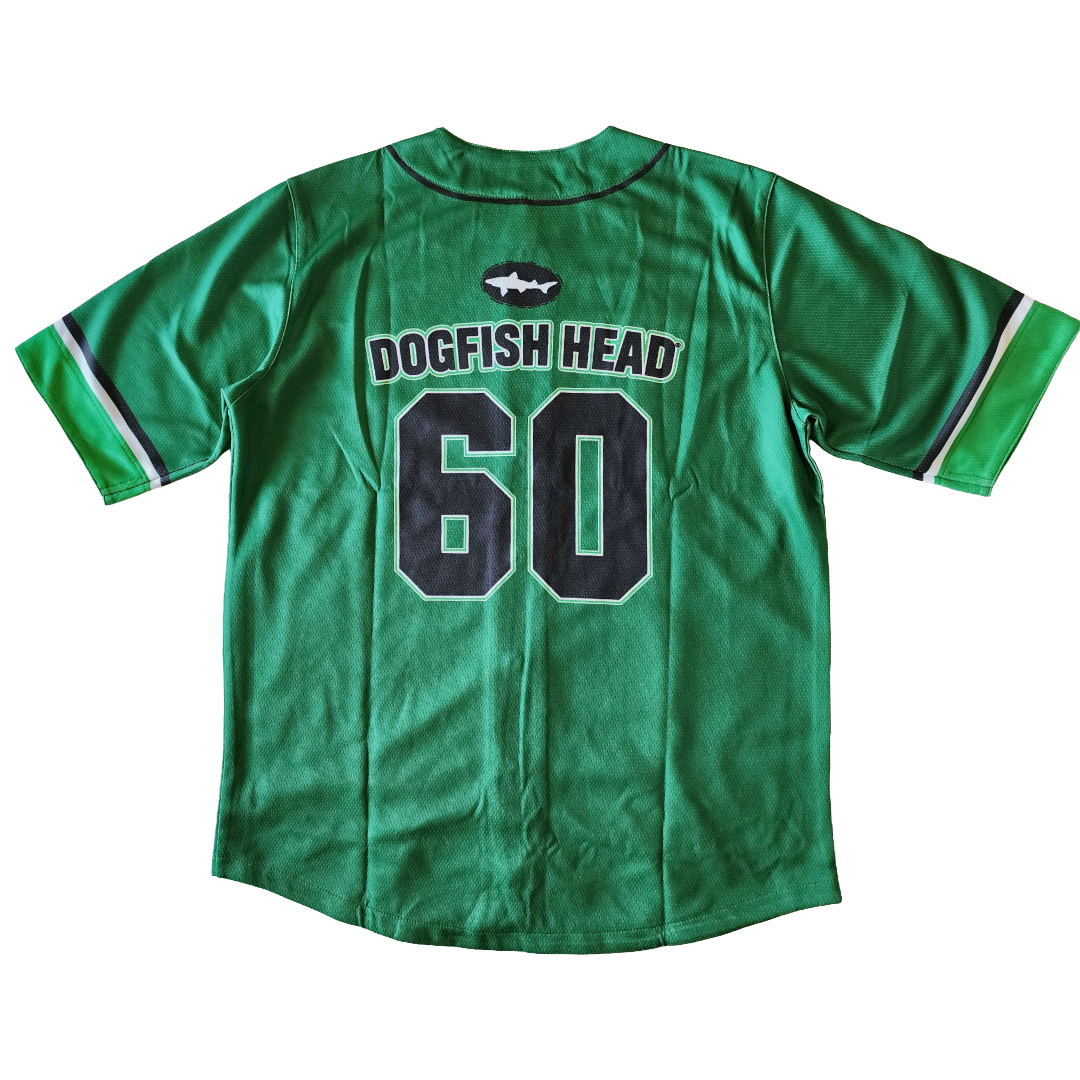 Back view of Dogfish Head green baseball jersey featuring bold number 60, "dogfish head" written in classic athletic jersey text, a dogfish head logo in black, and a striped sleeve design