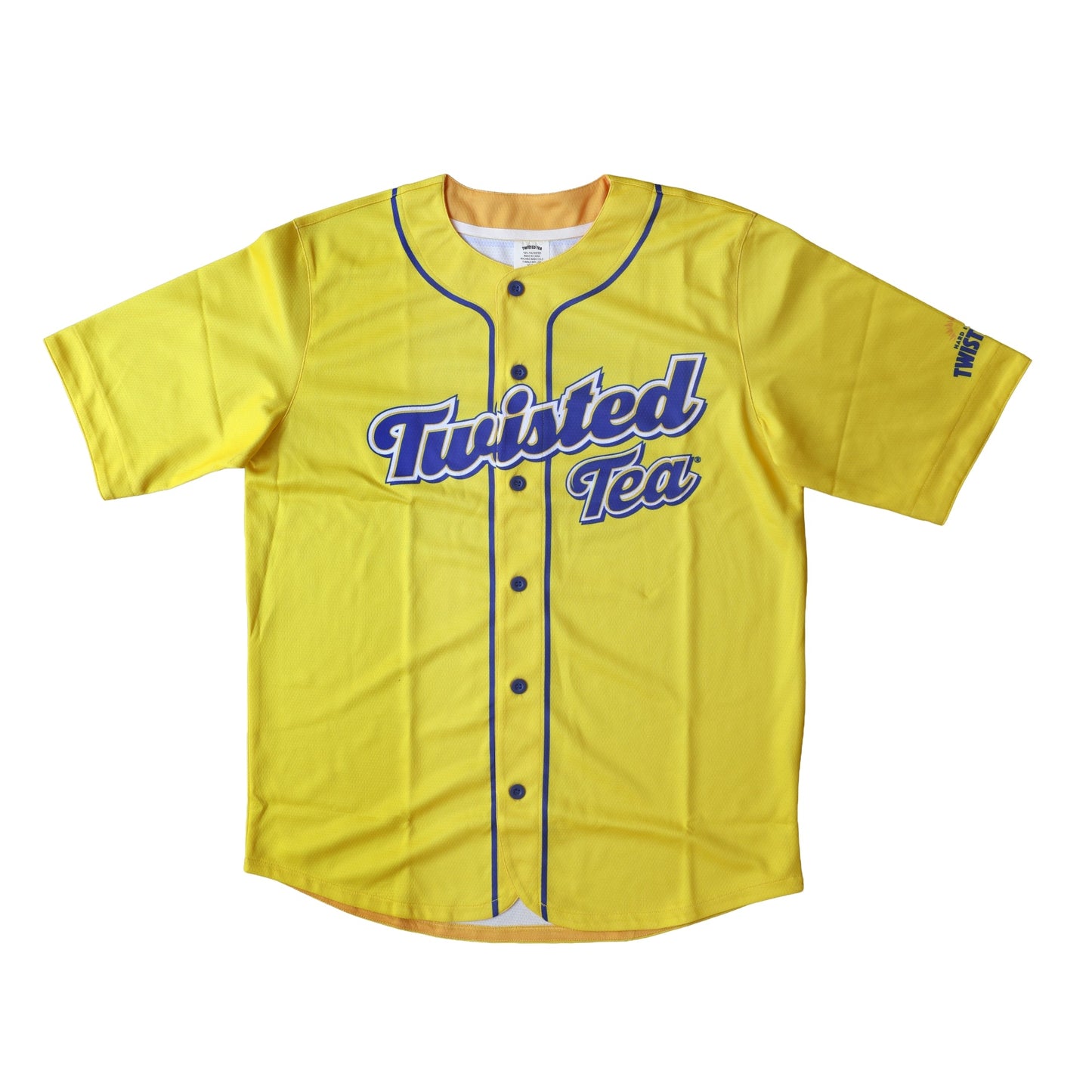 Twisted Tea branded baseball jersey in bright yellow with blue trim, short sleeve button-up fan apparel, with a twisted tea logo on the left arm
