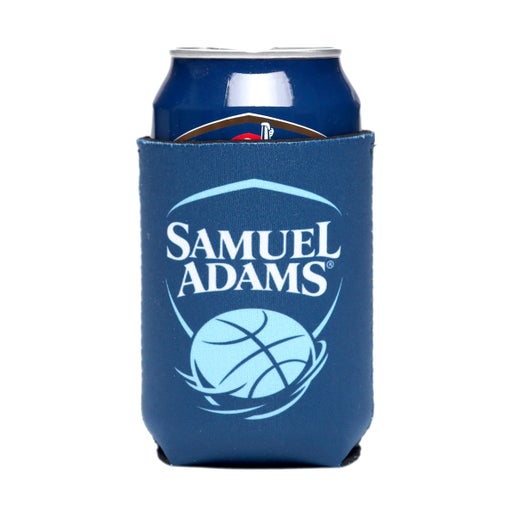 A blue 12-ounce can cooler with the Samuel Adams Classic Shield logo in white and light blue with a light blue basketball under it.