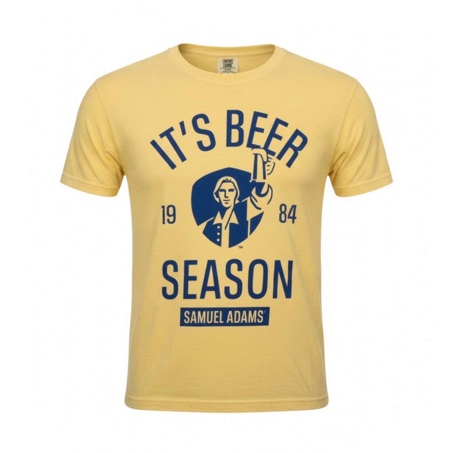 Samuel Adams yellow ‘It’s Beer Season’ t-shirt with navy logo graphic, 1984 print, and classic Samuel Adams hoist design on soft cotton tee