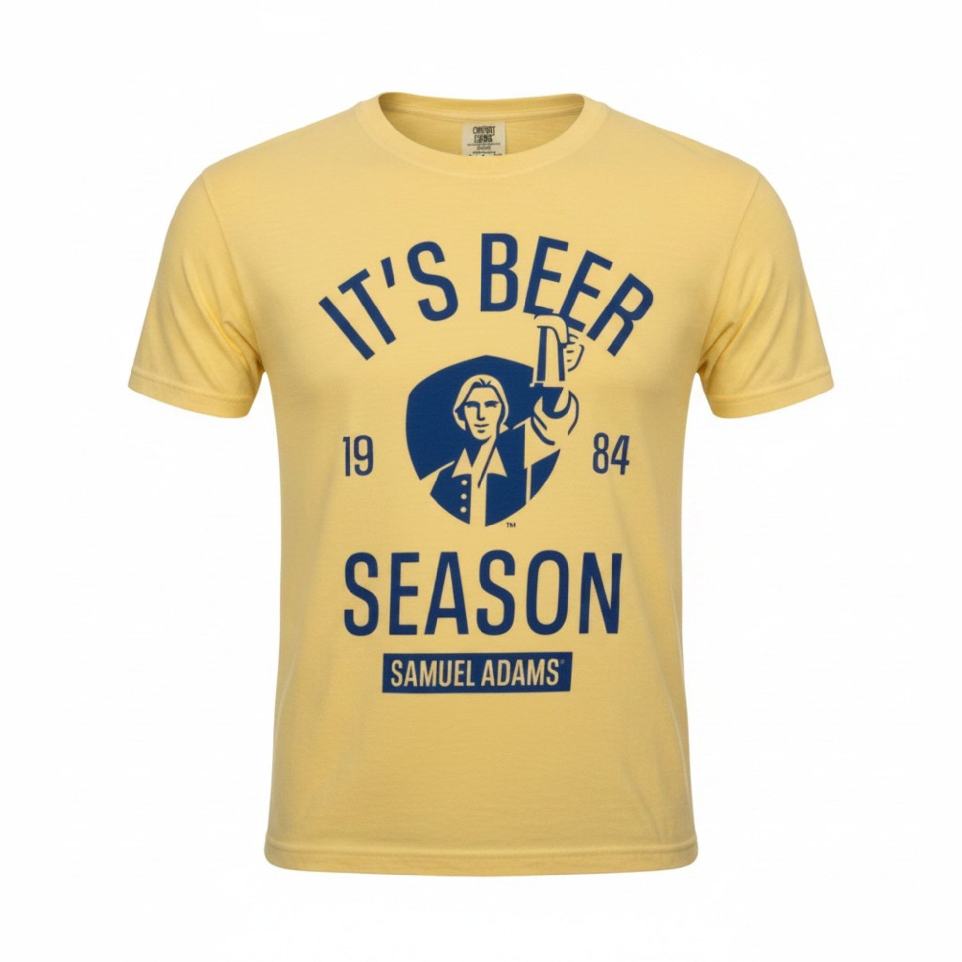 Samuel Adams yellow ‘It’s Beer Season’ t-shirt with navy logo graphic, 1984 print, and classic Samuel Adams hoist design on soft cotton tee