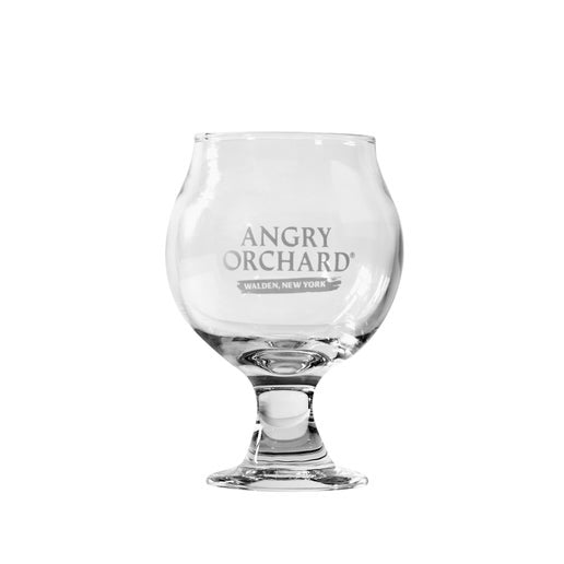 This Belgian tasting glass has the writing "Angry Orchard" and underneath it, "Walden, New York". 
