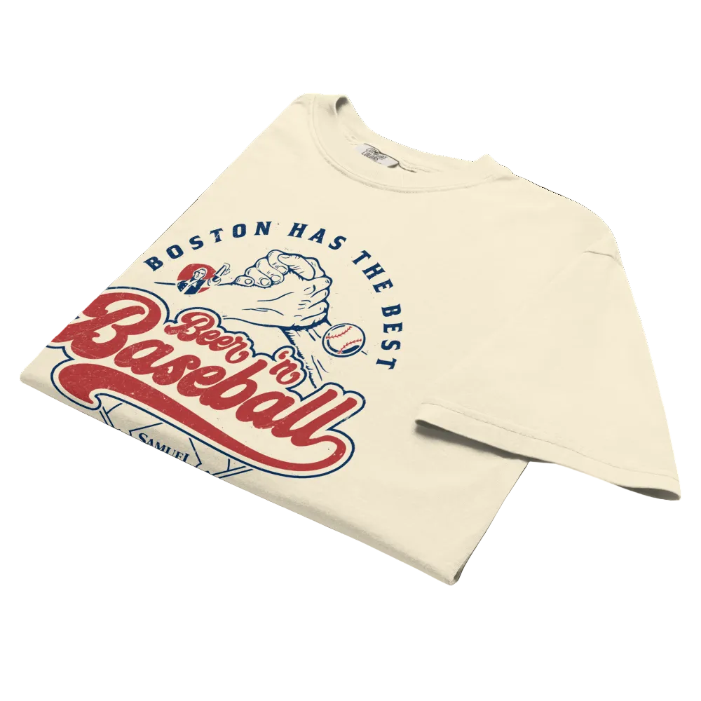 Cream Samuel Adams graphic T‑shirt folded, featuring vintage ‘Boston Has the Best Beer ’n Baseball’ design with handshake illustration and baseball artwork on front.