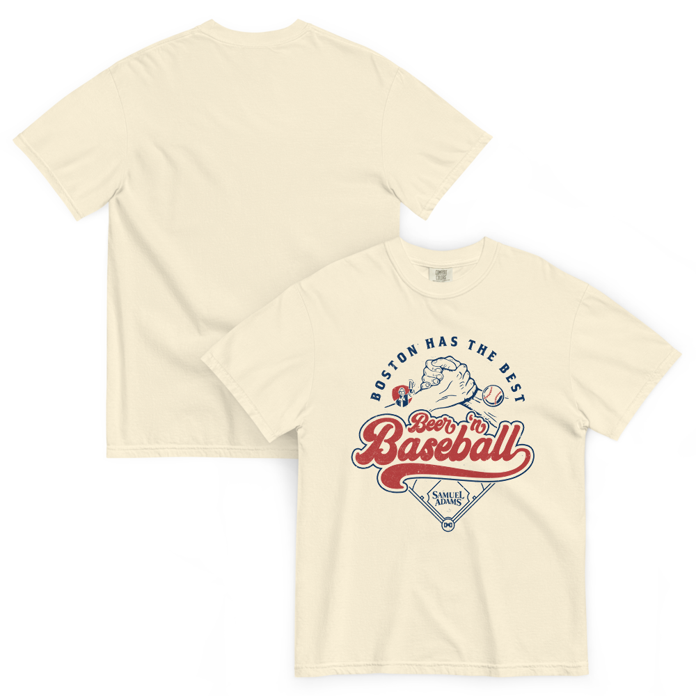 Front and back view of cream Samuel Adams Beer ’n Baseball T‑shirt showing retro Boston‑themed graphic on front and plain back