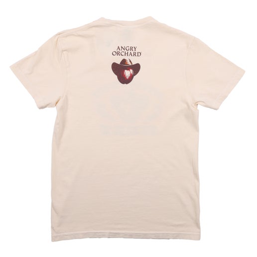 Back of the tee displays a small image of the apple wearing a cowboy hat and "Angry Orchard" written above it near the neck area. 