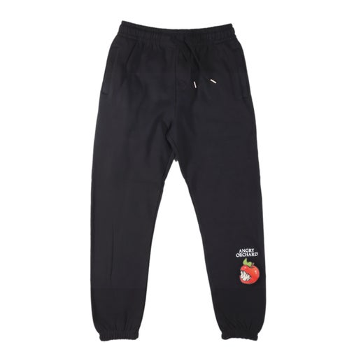Black sweatpants with drawstring and a pocket on each side of pant. A little above left ankle is Angry Orchard red bitten apple with "Angry Orchard" writing above it.