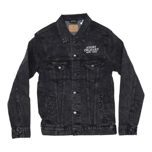 Black jean jacket with "Angry Orchard Hard Cider" written on top left above pocket. 