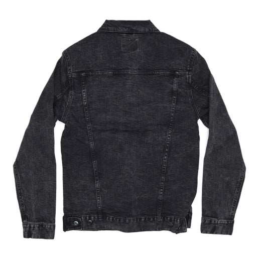 Back of black jean jacket.