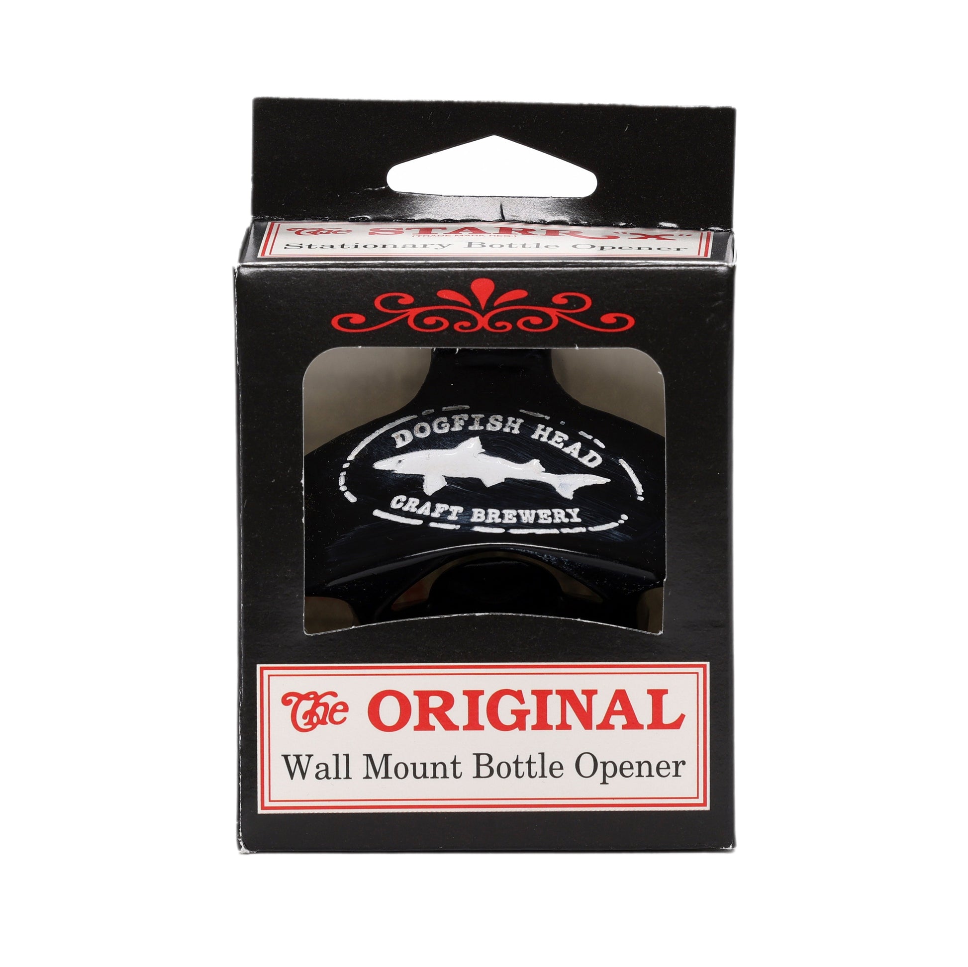 The Black Wall Opener by Brown Manufacturing is a wall-mount bottle opener, boxed for gifting, ideal for your home bar. The packaging displays "The Original Wall Mount Bottle Opener" in red and black text on a white background.