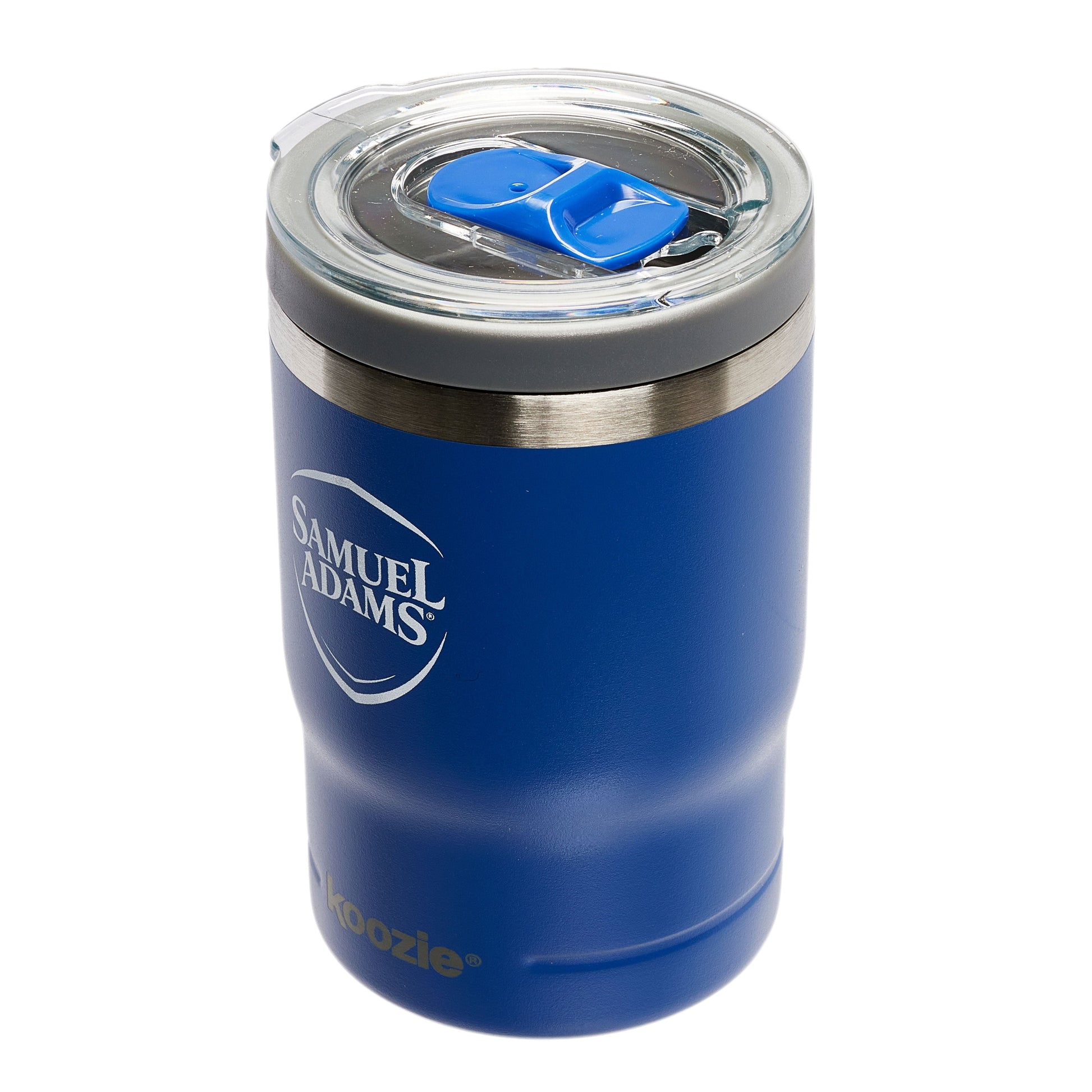 Front view of blue koozie features Samuel Adams shield logo, and "koozie" written on the bottom.