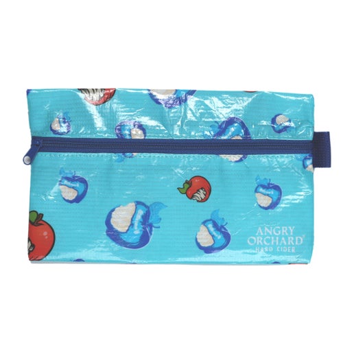 Front view of the blue Angry Orchard Pouch. Features bitten red as well as blue apples which are inspired by Angry Orchard's Crisp apple cider with a blue zipper. Angry Orchard logo on the bottom right.