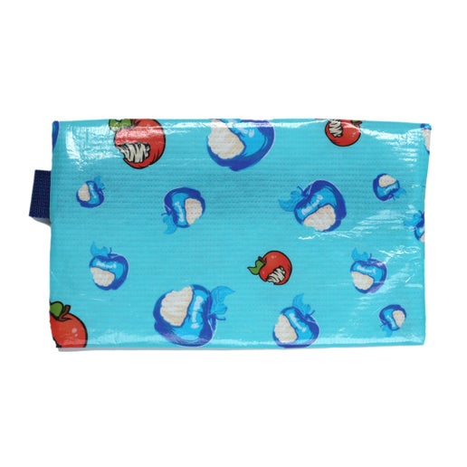 Back view of the blue Angry Orchard Pouch. Features bitten red as well as blue apples which are inspired by Angry Orchard's Crisp apple cider.