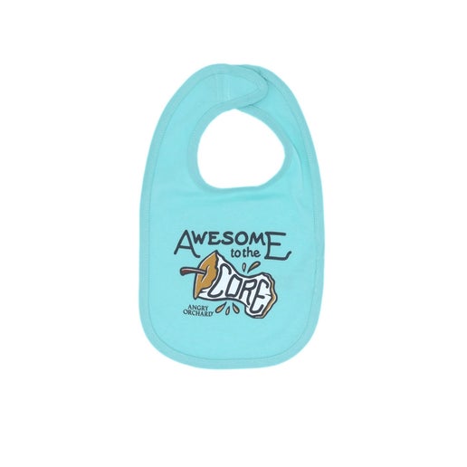 This blue bib has writing "Awesome to the" with an apple bitten to the core under it with writing "CORE" on it. Below all is "Angry Orchard" written small.