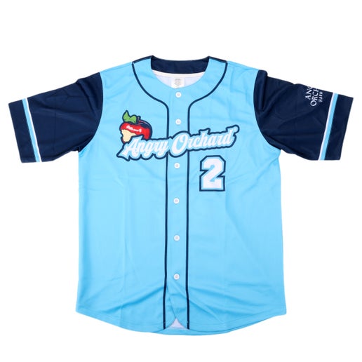 Light blue baseball jersey with navy sleeves. Front of jersey features writing "Angry Orchard" with bitten red apple, and number two. Left sleeve features writing "Angry Orchard Hard Cider".
