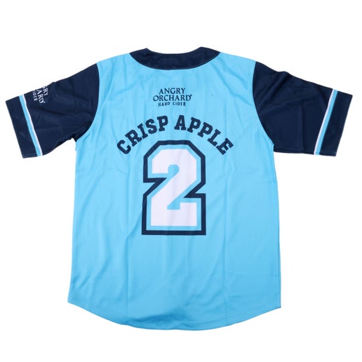 Back of jersey features writing "Angry Orchard Hard Cider", under it is "Crisp Apple" as the name on the jersey, and the jersey number is two.