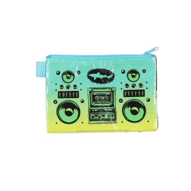 Blue to yellow ombre pouch with designs on it made to look like a boombox. A black Dogfish Head shark and shield logo is featured on the top center of the pouch.