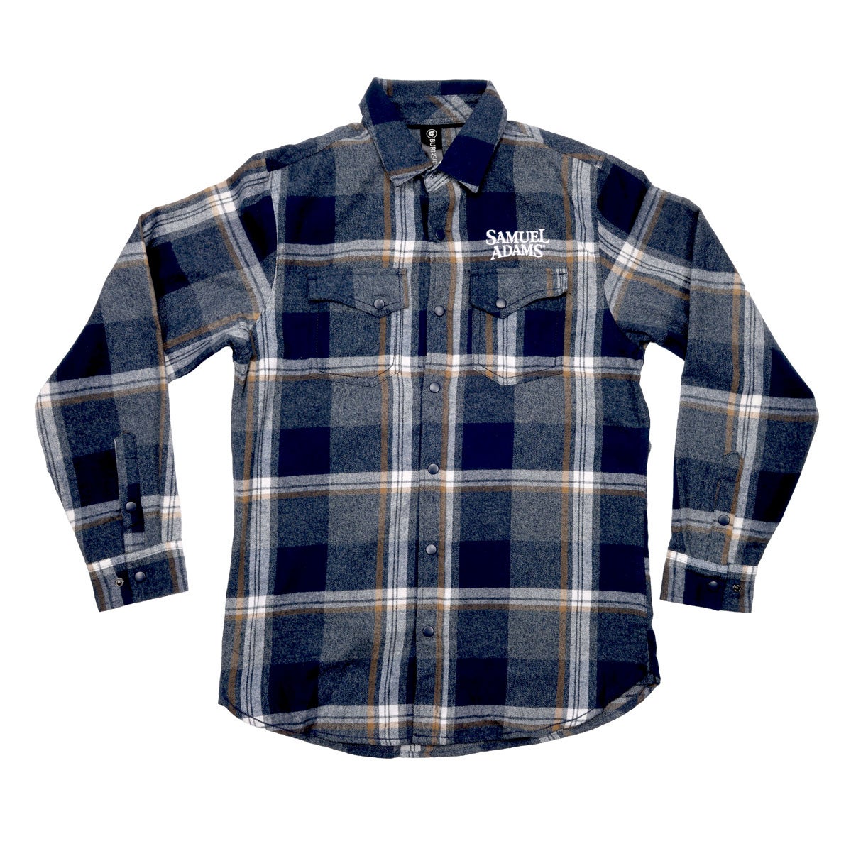 Blue flannel with a white Samuel Adams logo written on the left side of the chest above the pocket.