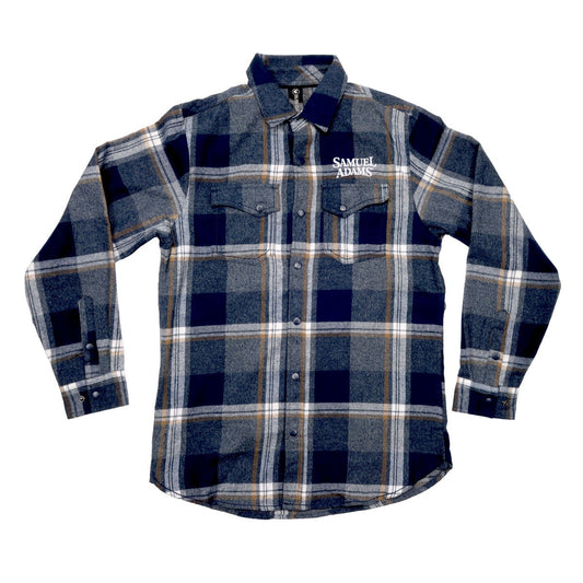 Blue flannel with a white Samuel Adams logo written on the left side of the chest above the pocket.
