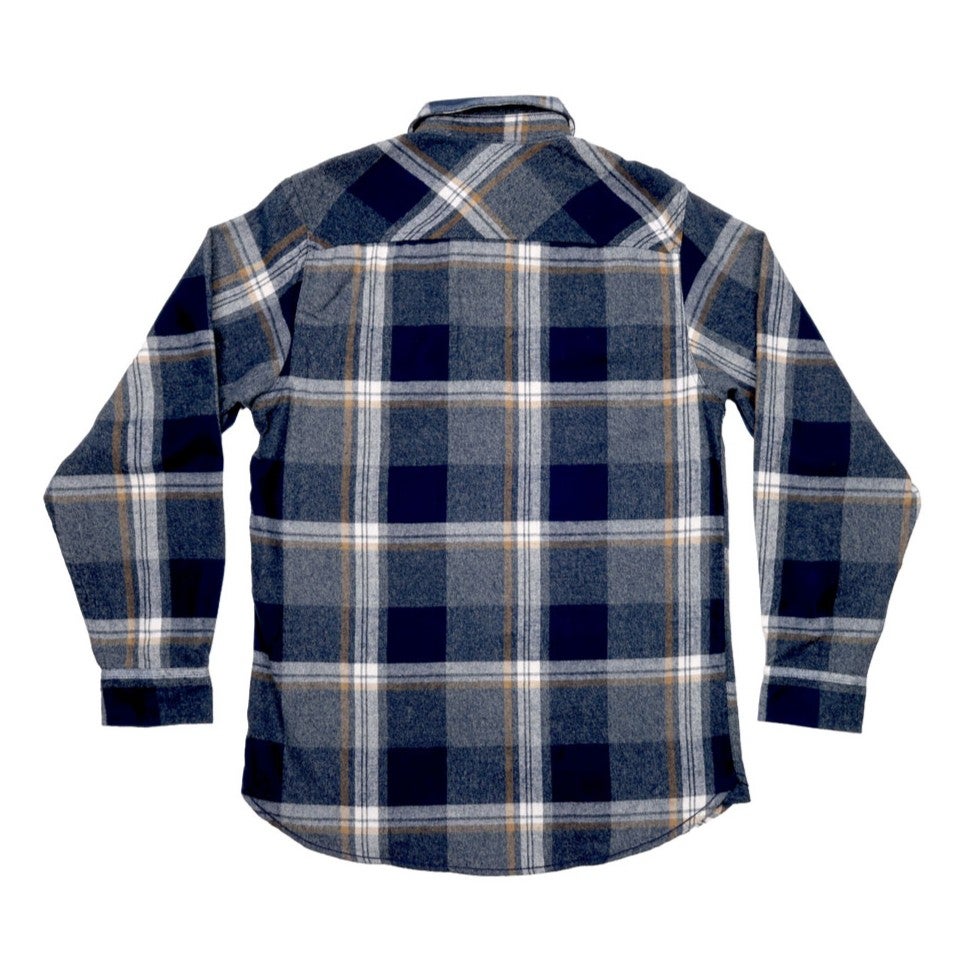 Blue flannel with a white Samuel Adams logo written on the left side of the chest above the pocket.