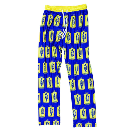 Pajama pants with a pattern of yellow and blue packages on a white background