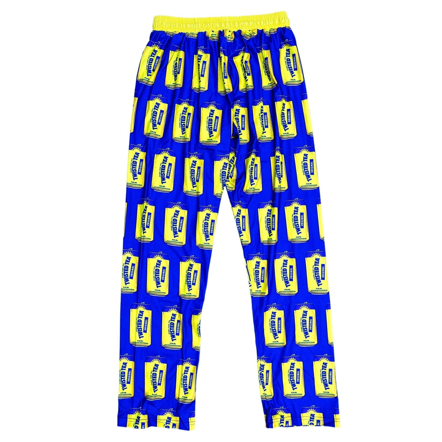 Pajama pants with a pattern of yellow and blue packages on a white background