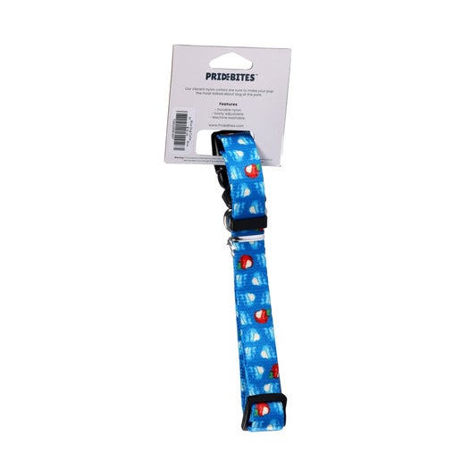 Blue dog collar with black hardware. Collar is covered in the iconic Angry Orchard bitten red and blue apples. Has small white patch on it with writing "Angry Orchard Hard Cider".