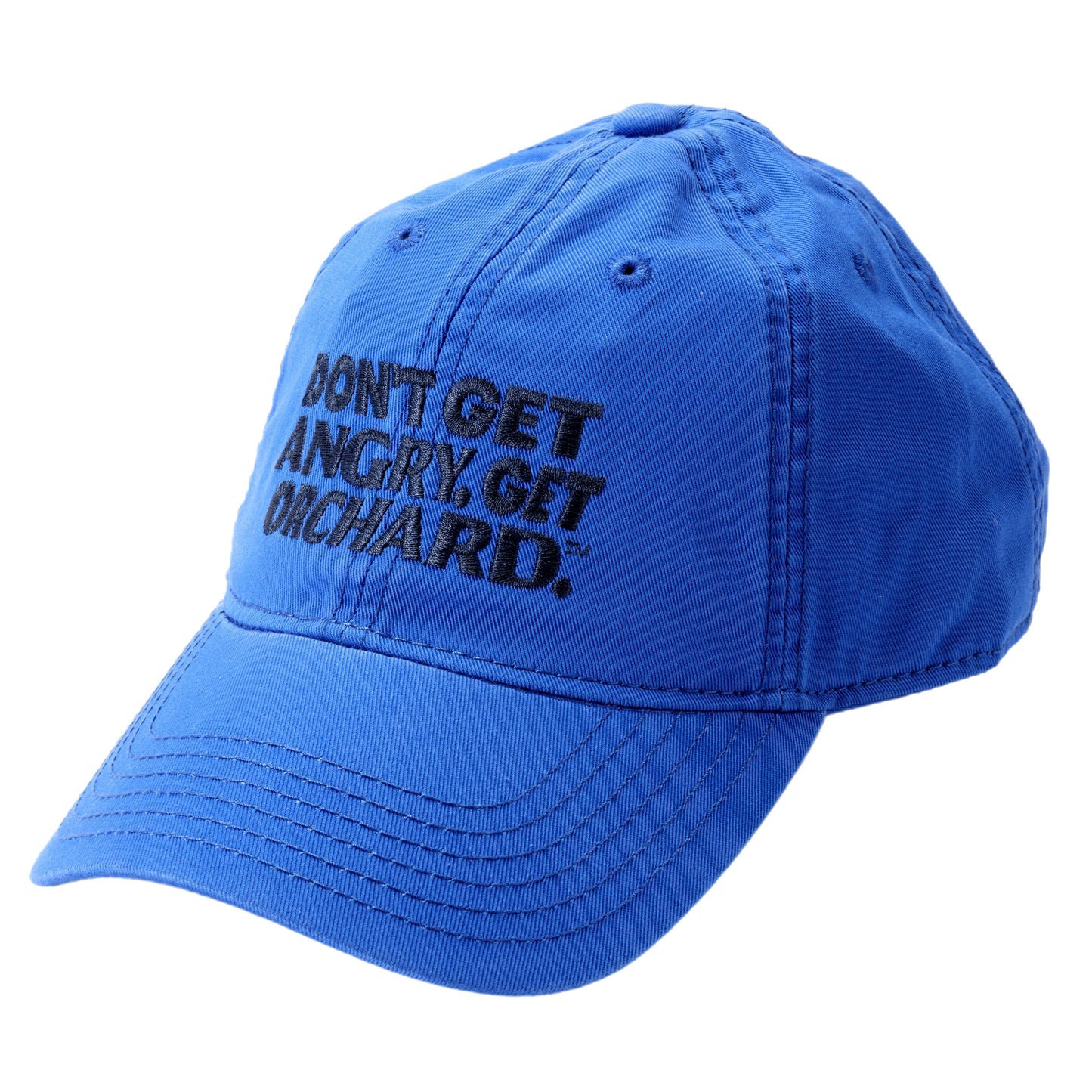 Back view of blue hat with writing "Angry Orchard Hard Cider" in black above adjustable strap with gold hardware.