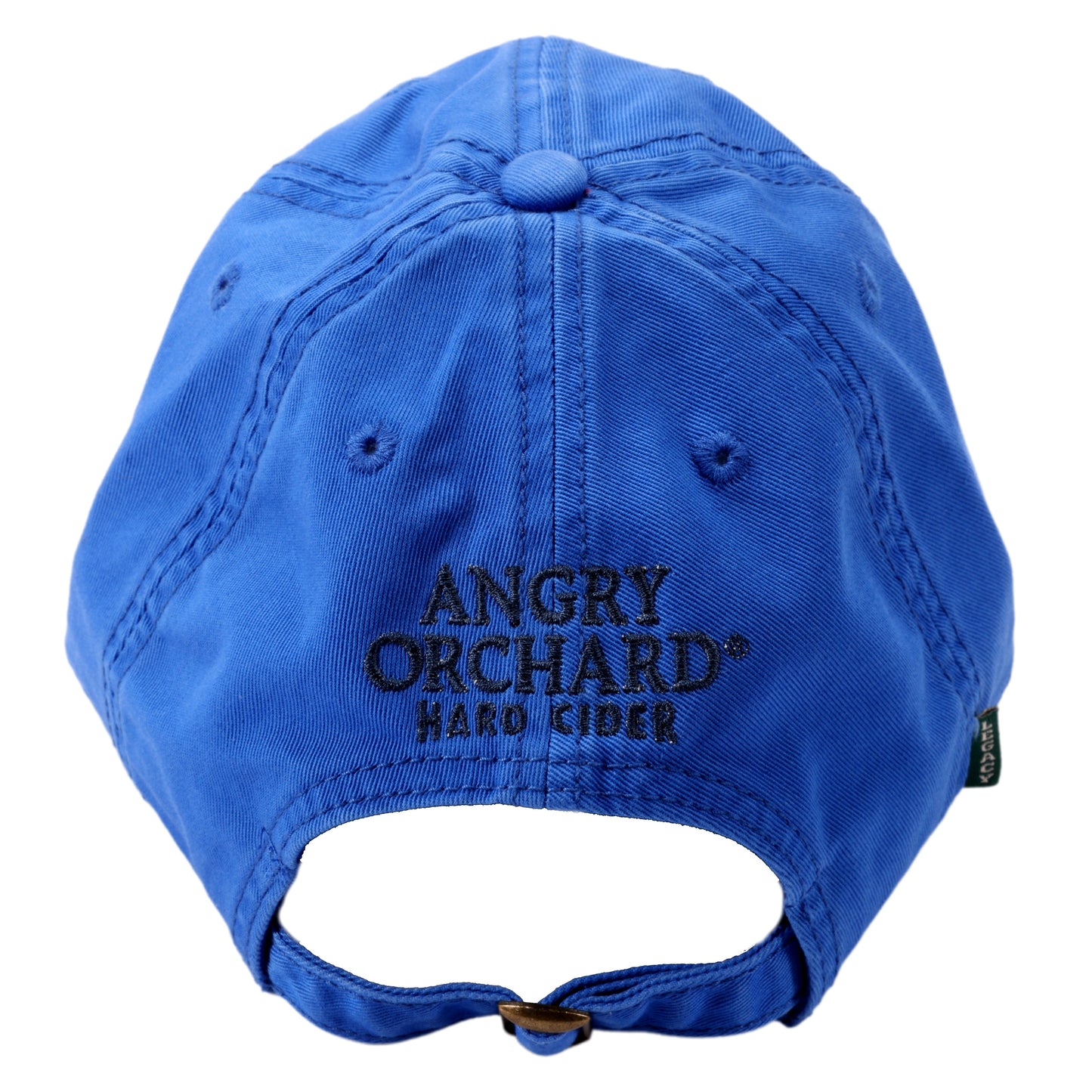 Front view of blue hat with writing "Don't Get Angry, Get Orchard." in black.
