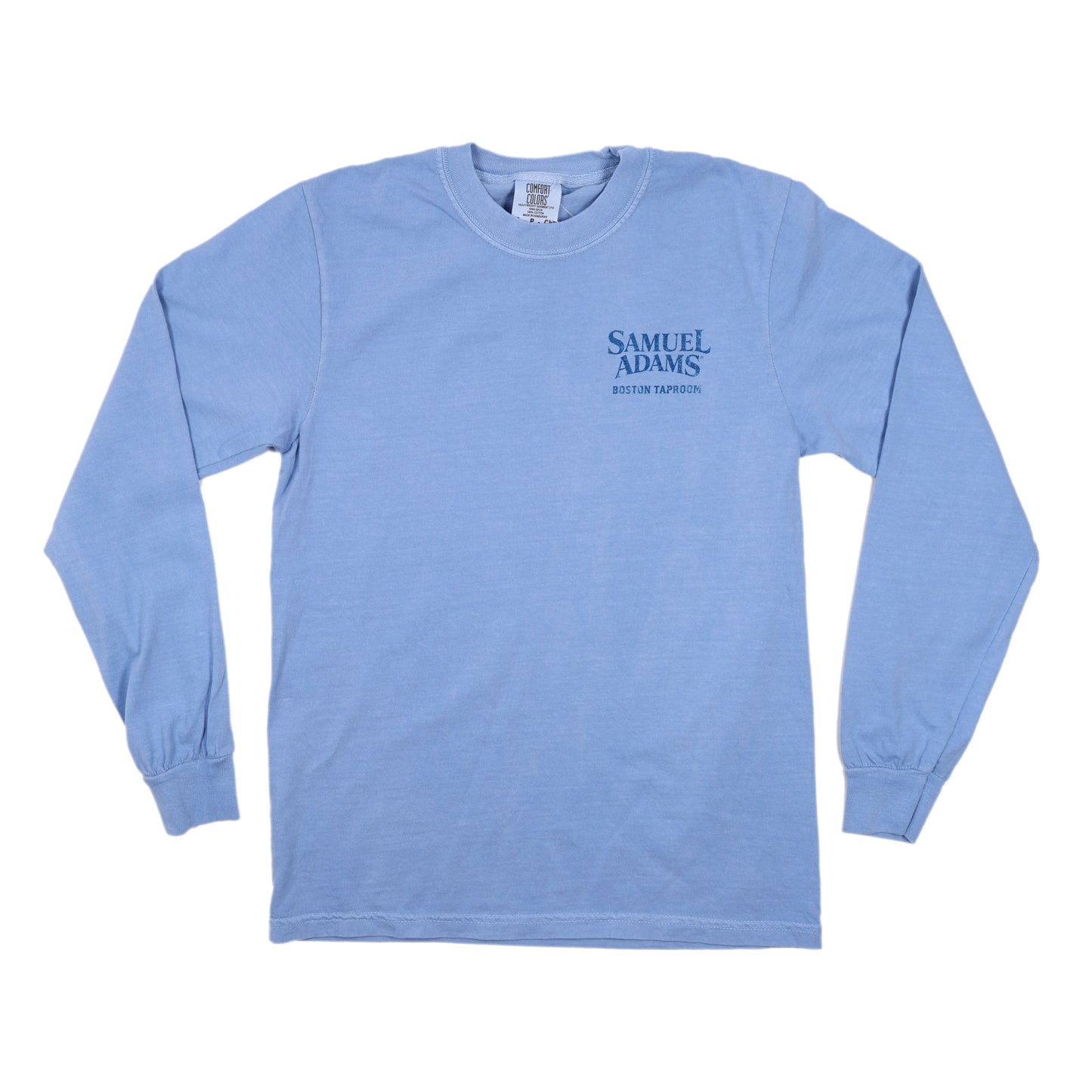 Front view of a light blue long sleeve shirt with “Samuel Adams Boston Taproom” logo on the chest.